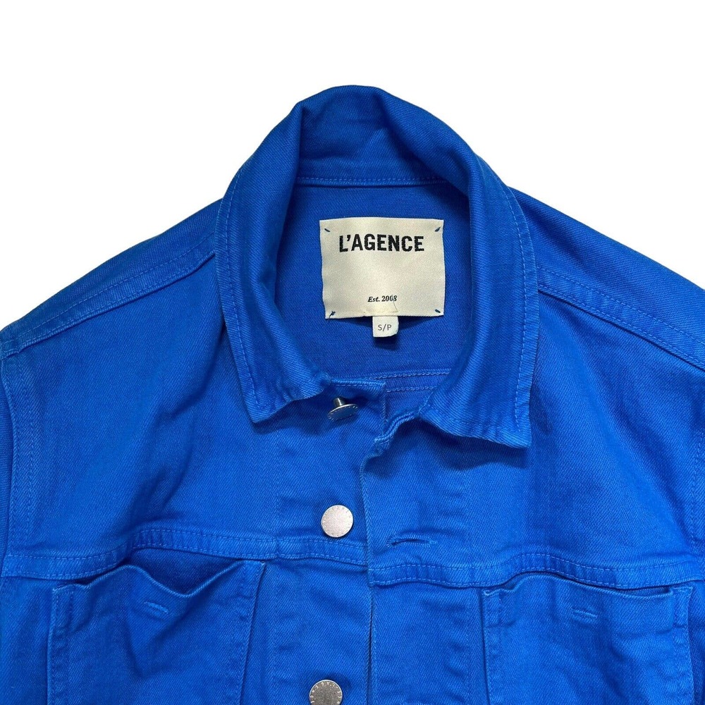 L'Agence Women's Blue Cobalt Raw Hem Stretchy Janelle Denim Jacket Sz Small - Picture 3 of 7